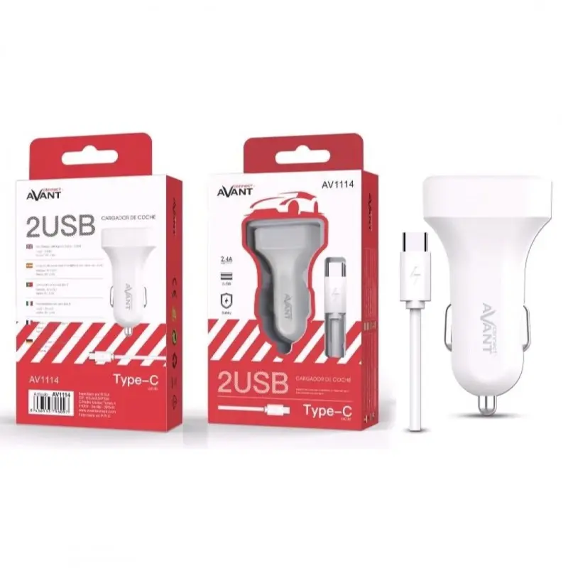 [AV1114] CARGADOR COCHE 2 PUERTOS AVANT TIPO-C USB BLANCO 2.4A 