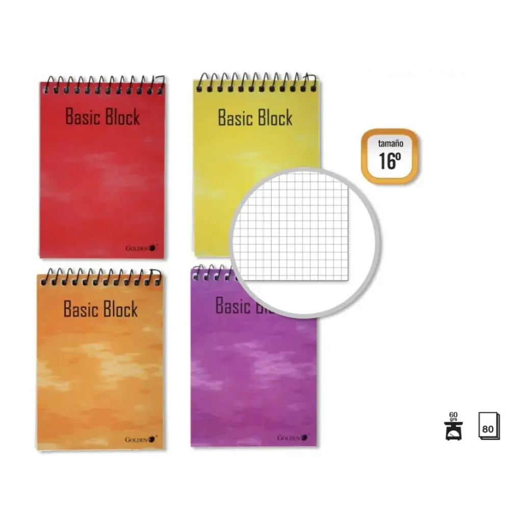 [318382] CUADERNO 16º, 80 HOJAS, 60 GRAMOS,  CUADROS 4x4, ANILLA SUPERIOR - GOLDEN -