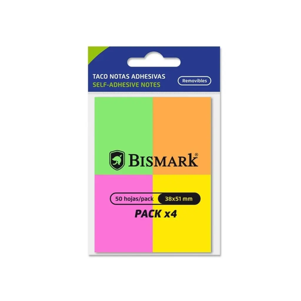 NOTAS ADHESIVAS FLUOR 50 HOJAS PACK X4 BISMARK