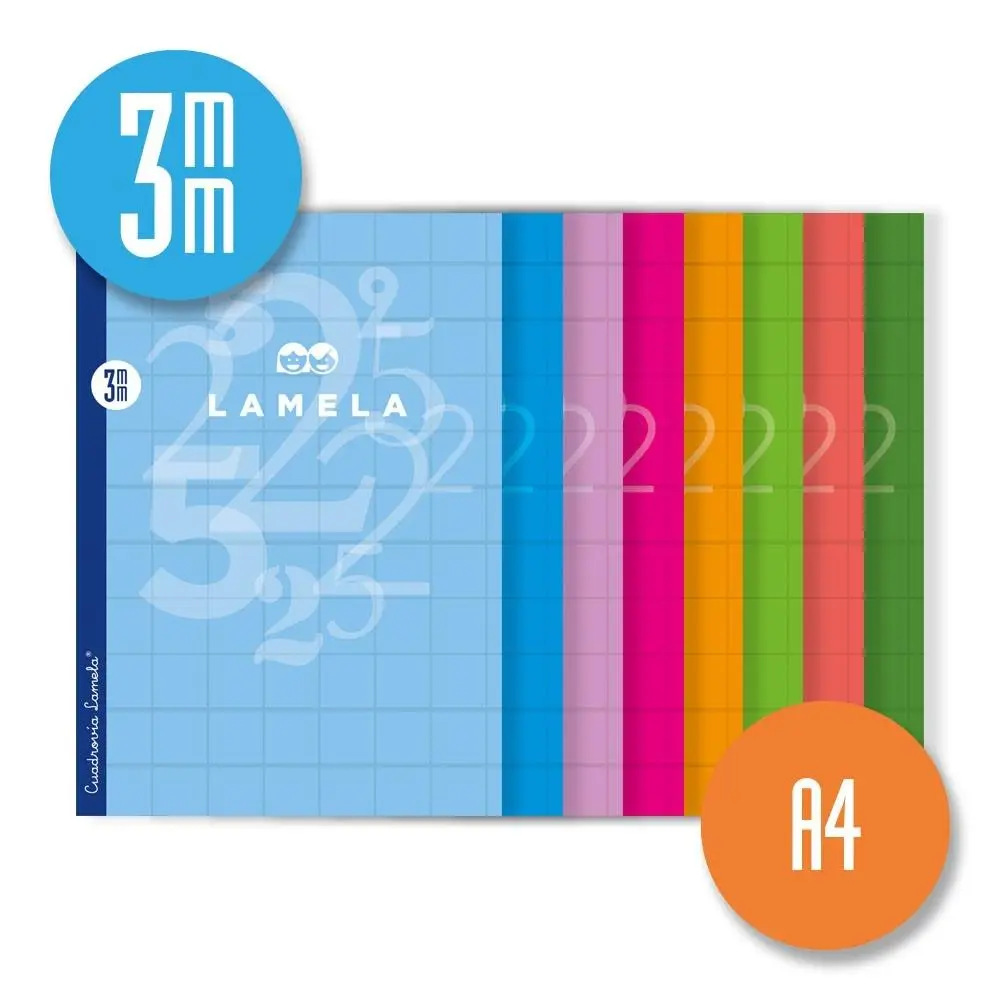 LAMELA LIBRETA GRAPADA 50H A4 90GR CUADROVÍA 3MM CON MARGEN CUBIERTA BÁSICA COLORES SURTIDOS