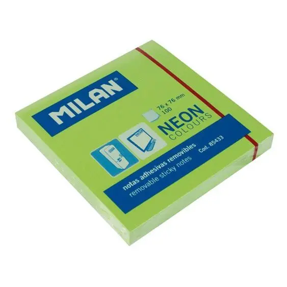 [85433] BLOC NOTAS ADHESIVAS REMOVIBLES 100H 76X76 VERDE FLUORESCENTE - MILAN -